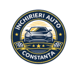 Logo rotund pentru serviciul Închirieri Auto Constanța, cu mașină stilizată și design modern în culori albastru, galben și alb